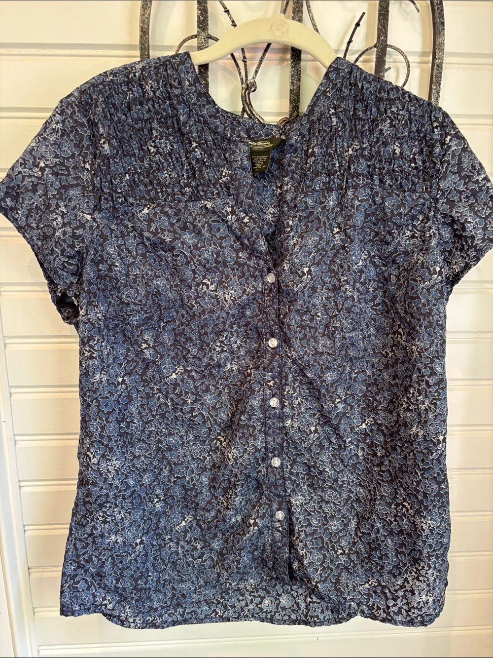Eddie Bauer Navy Blue Floral Short-Sleeve Button Blouse